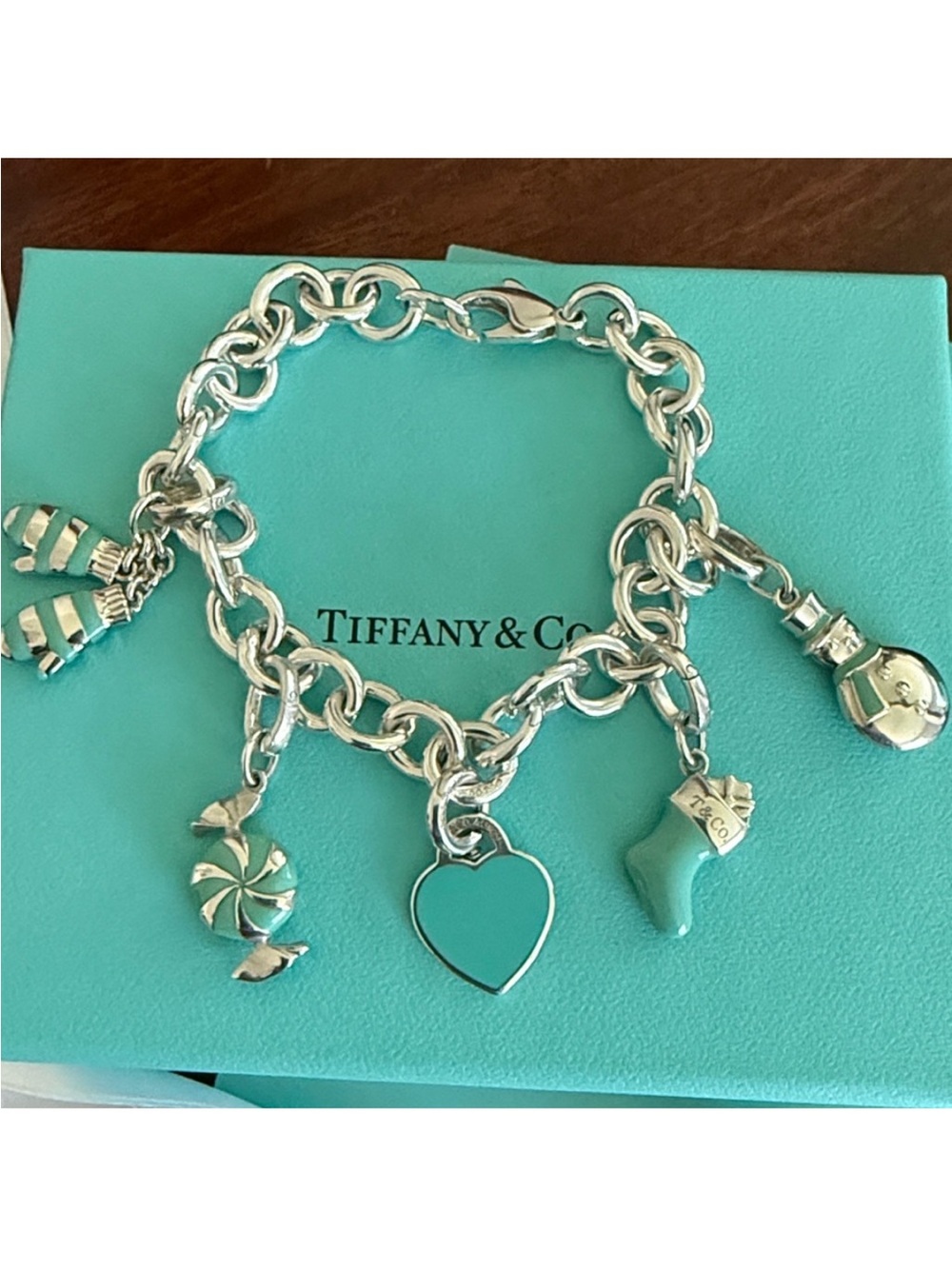 Tiffany & Co. Silver Charm Bracelet with Tiffany Blue Enamel Heart & Charms